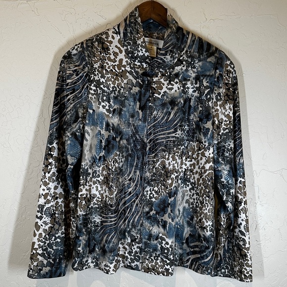 Misook Multi Color Animal Print Liquid Knit Full Zip Blouse Womens Sz S - Picture 1 of 7
